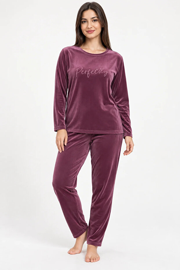 Women's Velvet Long Sleeve Plus Size Pajama Set Crew Neck