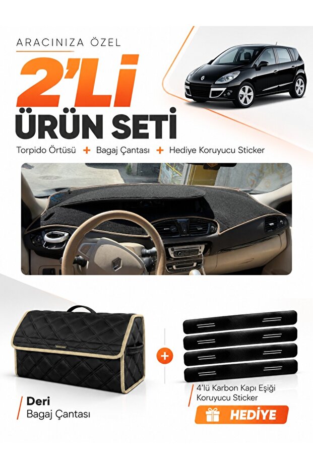 Renault Scenic 3 (2009-2016) Compatible Glove Box Cover + Leather Trunk Bag + Sticker Set - Re045