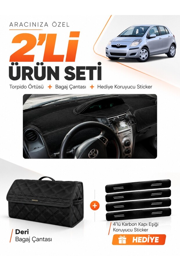 Toyota Yaris (2005-2013) Compatible Dashboard Cover + Leather Trunk Bag + Sticker Set - To025