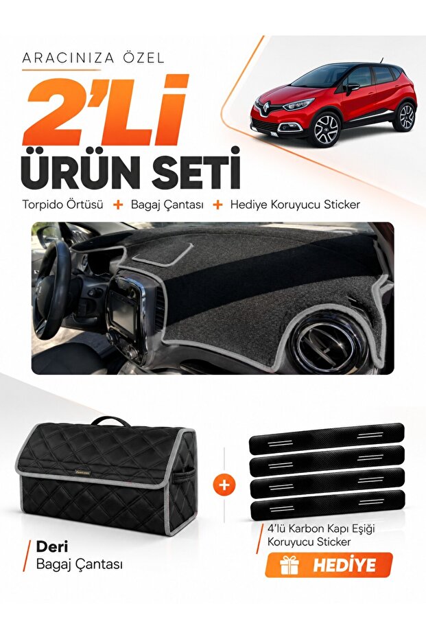 Renault Captur 1 (2013-2019) Compatible Glove Box Cover + Leather Luggage Bag + Sticker Set - Re035