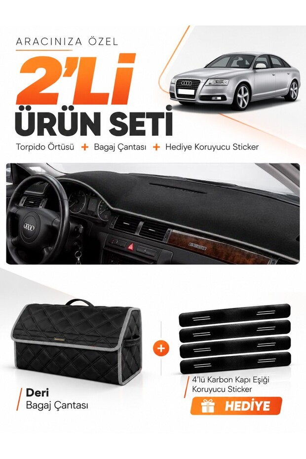 Audi A6 (1997-2004) Compatible Torpedo Cover + Leather Luggage Bag + Sticker Set - Au003