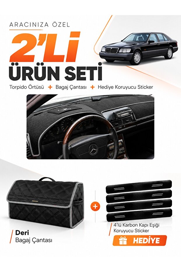 Mercedes W140 (1991-1998) Compatible Glove Box Cover + Leather Trunk Bag + Sticker Set - Mb018
