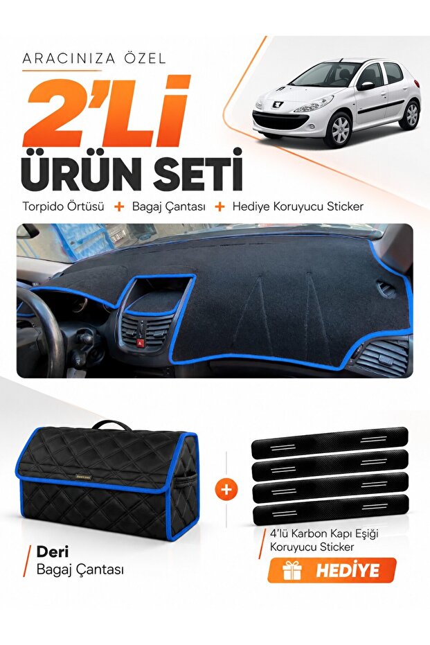 Peugeot 206+ (2009-2013) Compatible Dashboard Cover + Leather Trunk Bag + Sticker Set - Pe004