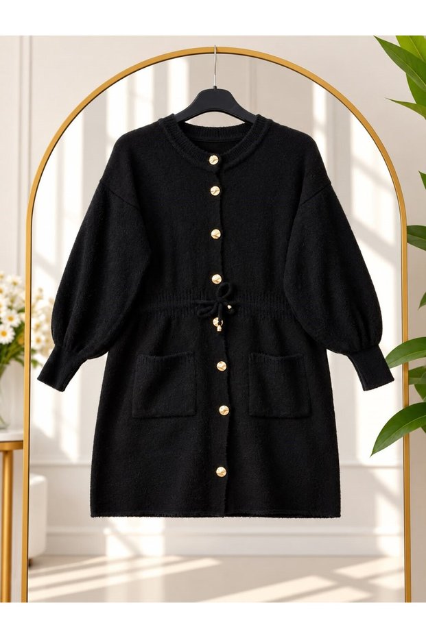 Women's Hijab Waist Gathered Buttoned Knitwear Cardigan Black