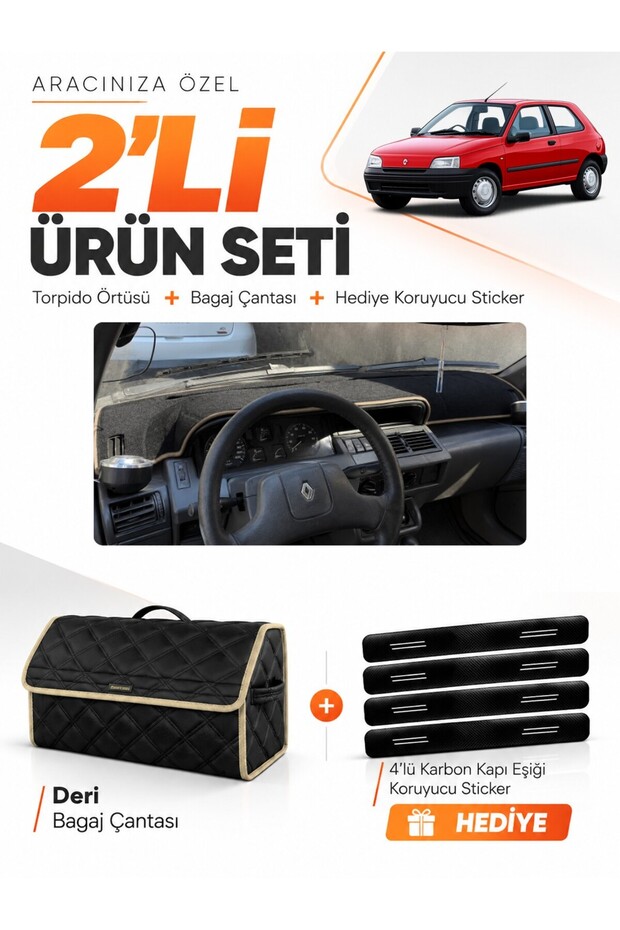 Renault Clio 1 (1990-1998) Compatible Glove Box Cover + Leather Trunk Bag + Sticker Set - Re006