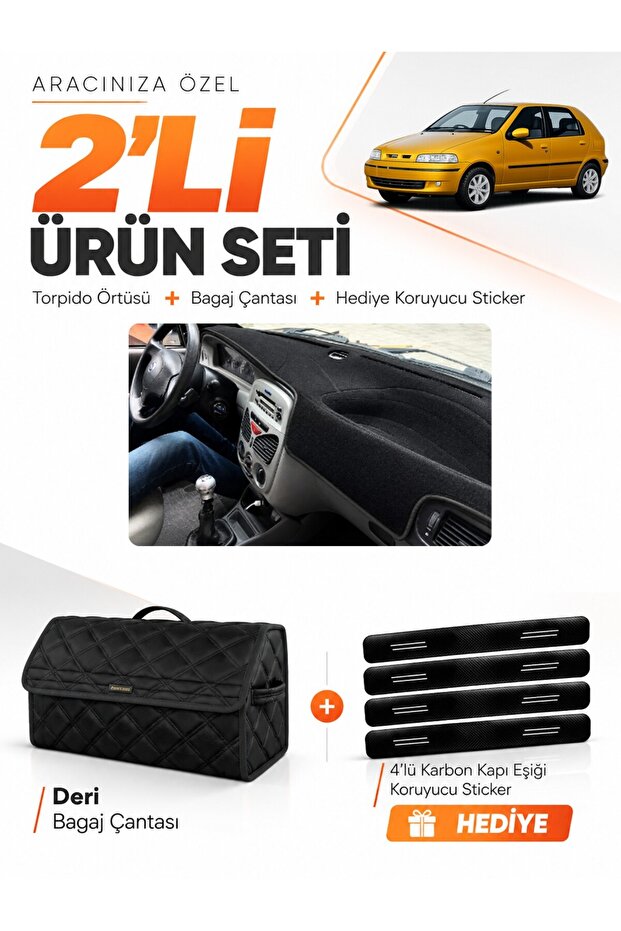 Fiat Palio (1999-2005) Compatible Glove Box Cover + Leather Trunk Bag + Sticker Set - Fi002