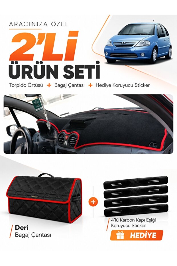 Citroen C3 (2004-2009) Compatible Dashboard Cover + Leather Trunk Bag + Sticker Set - Ci004