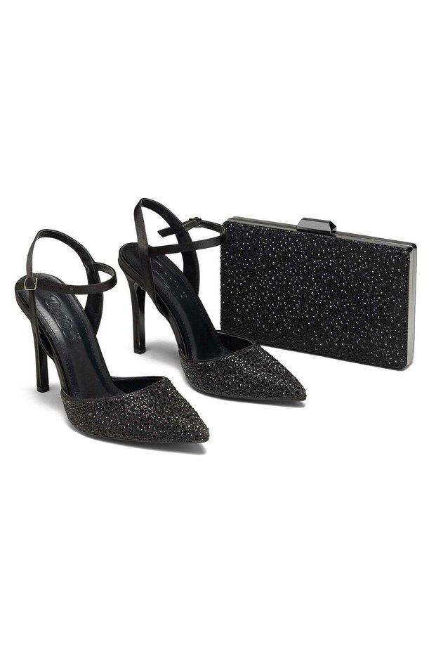 Women's Black Color High Heeled Stone Embellished Open Back Pointed Toe Evening Dress Bag Shoe Set