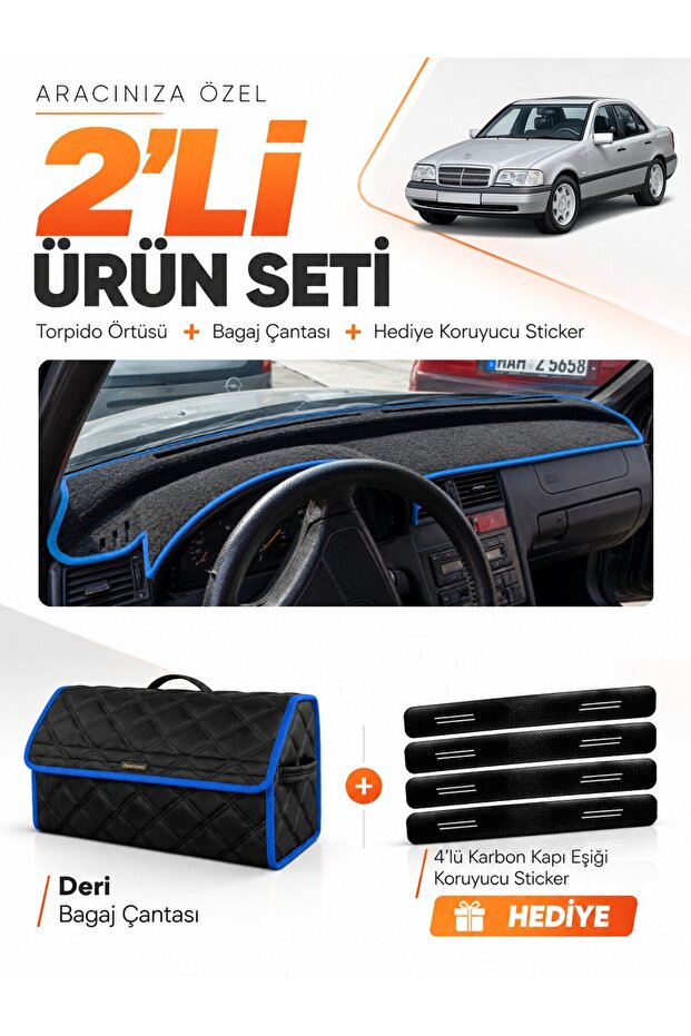 Mercedes W202 C-Class (1993-2000) Compatible Glove Box Cover + Leather Trunk Bag + Sticker Set - Mb004