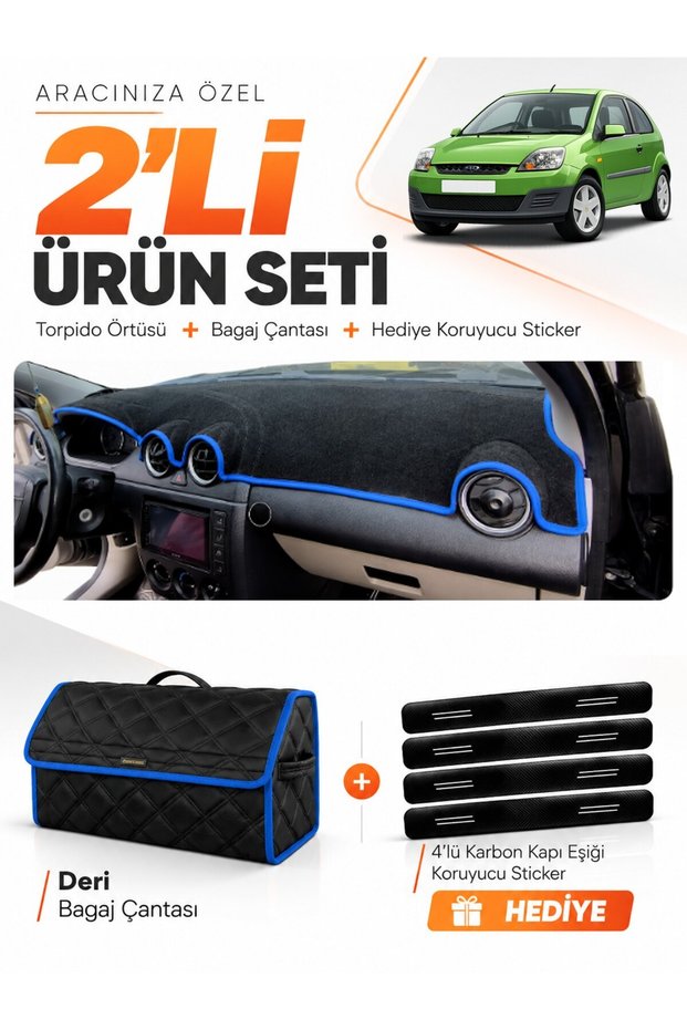 Ford Fi̇esta Type 2 (2003-2010) Compatible Glove Box Cover + Leather Trunk Bag + Sticker Set - Fo006