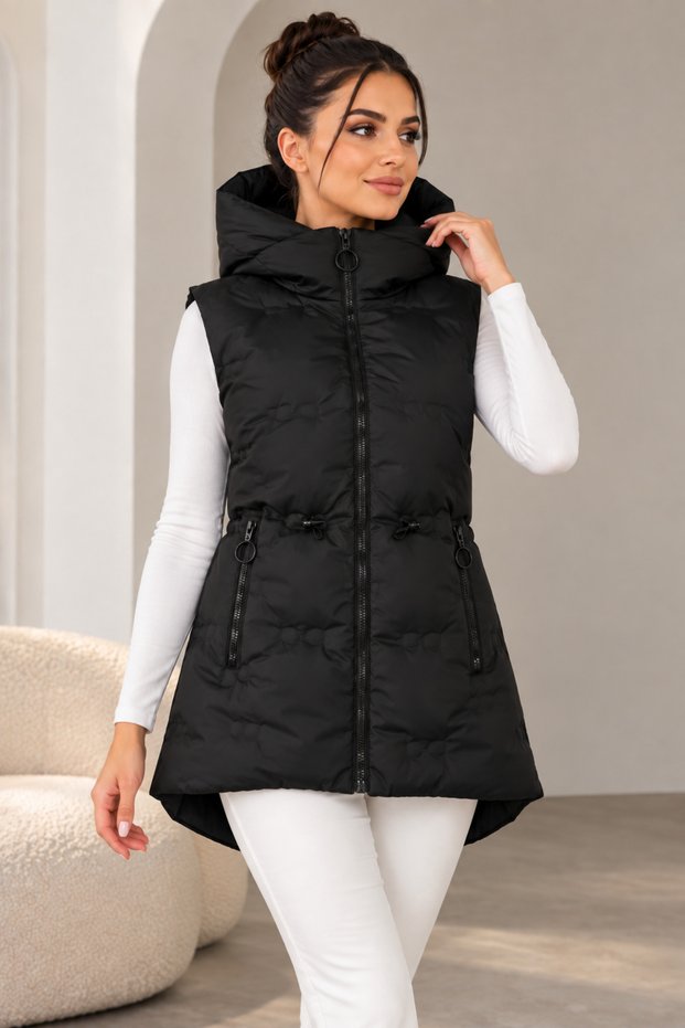 Women's Black Hooded Zipper Detailed Inflatable Vest Coat with Adjustable Waist