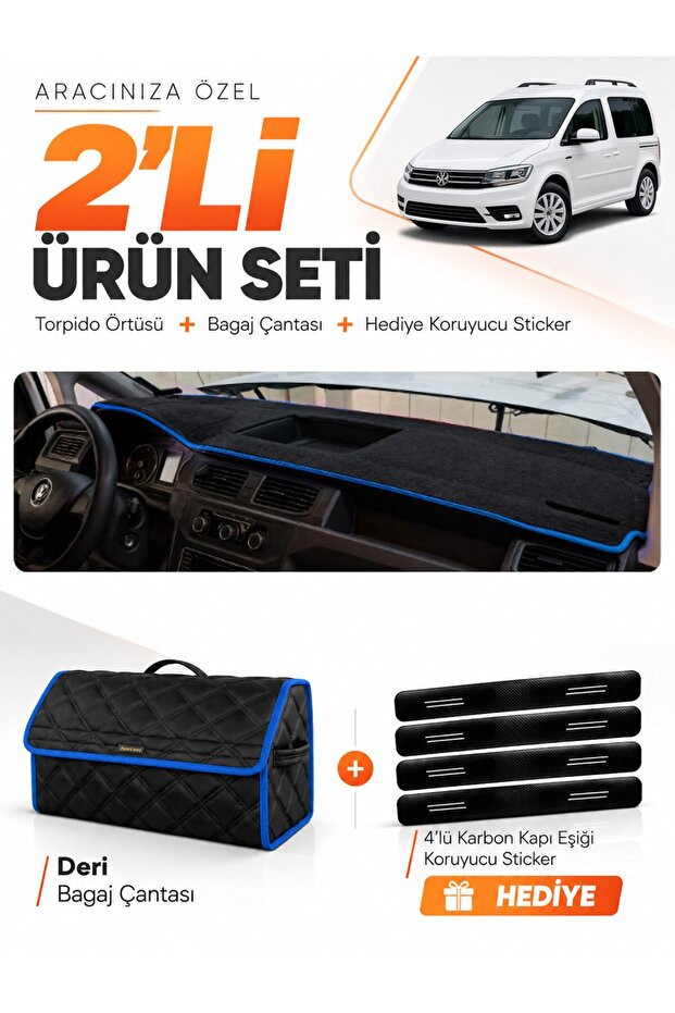Volkswagen Caddy (2015-2019) Compatible Dashboard Cover + Leather Trunk Bag + Sticker Set - Vw002