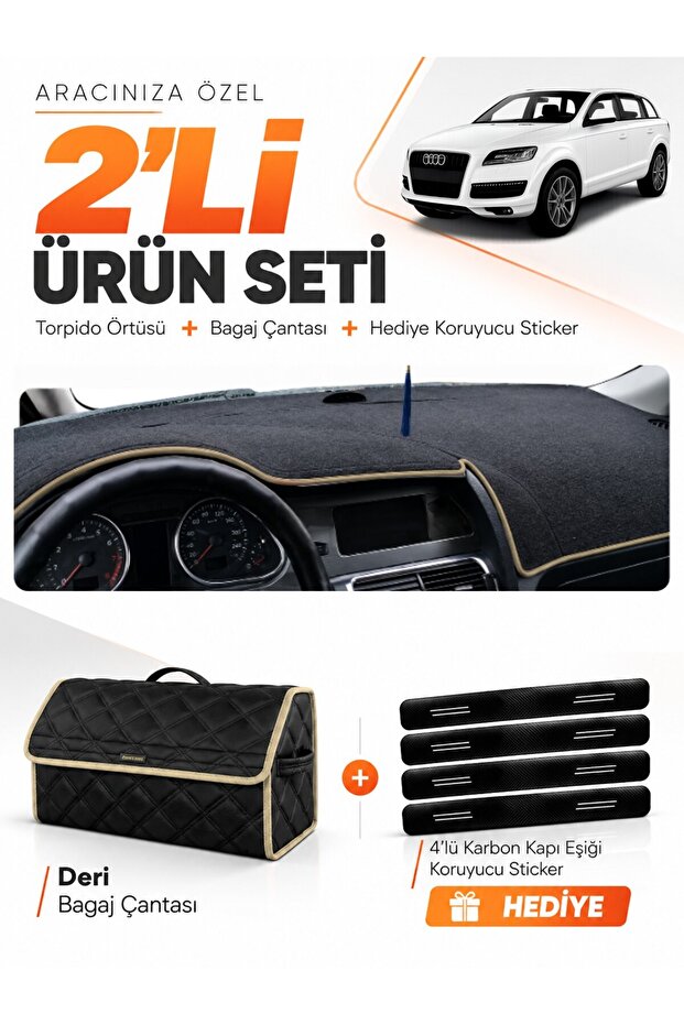 Audi Q7 (2005-2015) Compatible Glove Box Cover + Leather Trunk Bag + Sticker Set - Au005