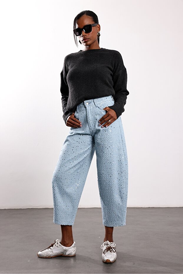Light Blue Sequin Embroidered Barrel Jean 02111
