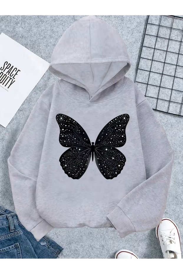 Black Butterfly Printed Casual Sweatshirt