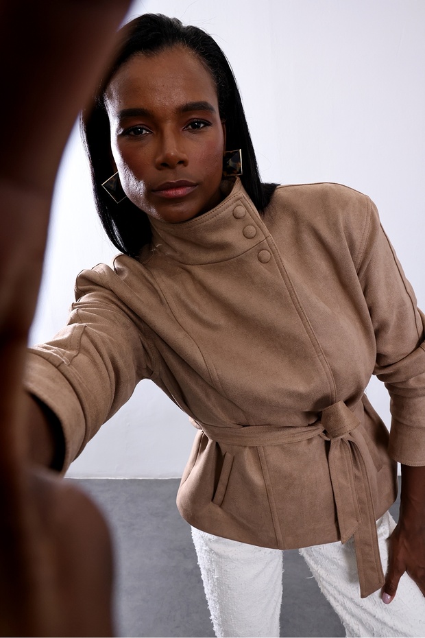 Camel Belted Faux Suede Jacket 40218