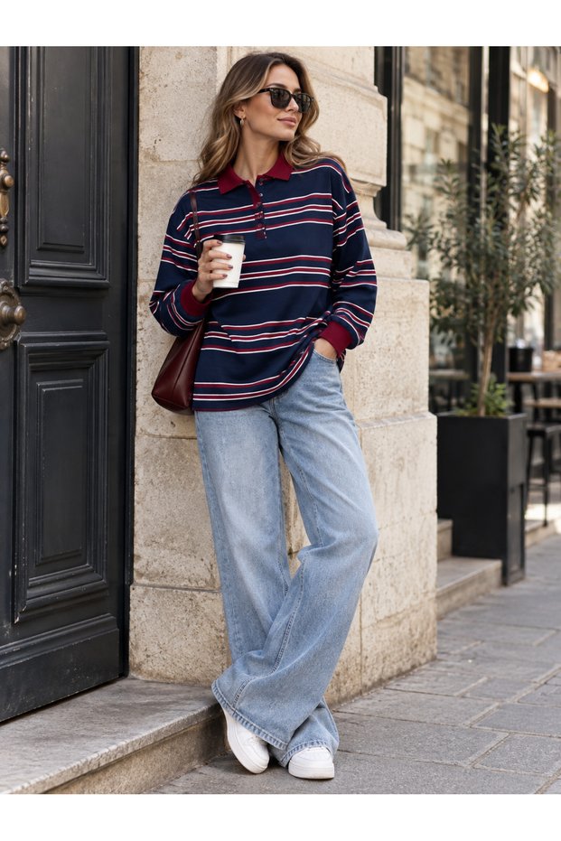 Women's Striped Polo Collar Buttoned Contrast Detailed Loose Long Sleeve Sweatshirt