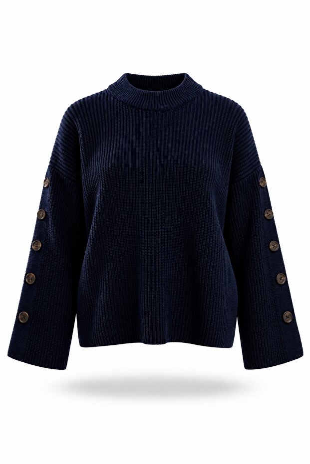 Navy Blue Buttoned Sleeve Sweater