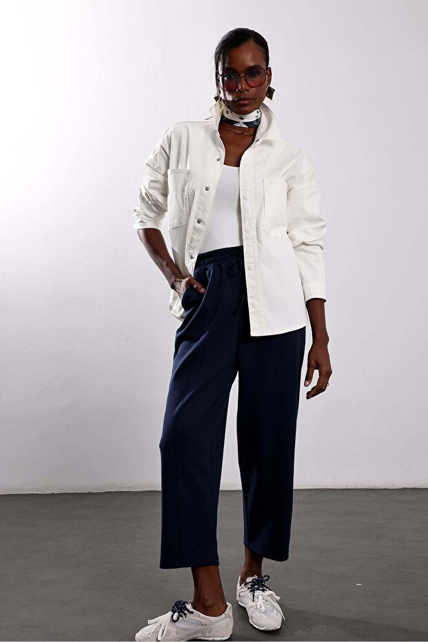 Navy Blue Front-Stitched Sweatpants