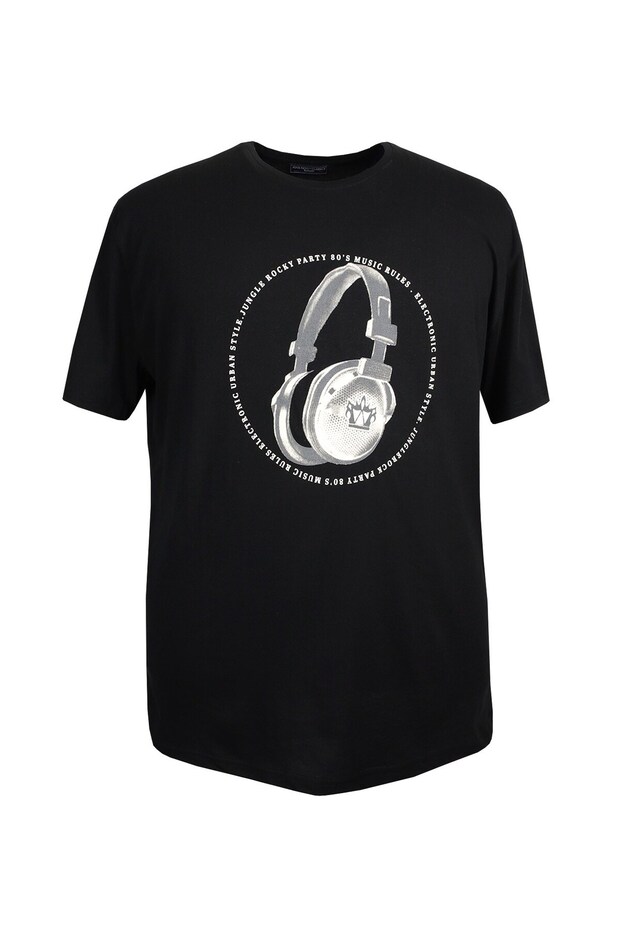 Headphone Printed Men's Large Size Slim Fit Crew Neck Black T-Shirt