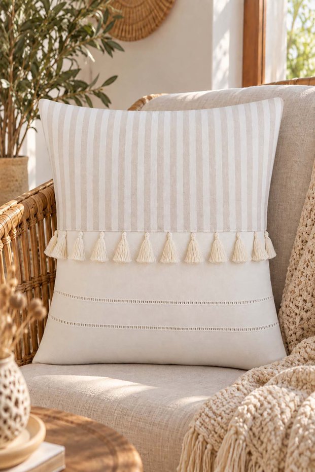Tasseled Ecru Linen Decorative Throw Pillow Cover 40X40 cm