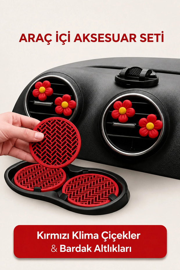 Red In-Car Accessory Set – Air Conditioner Decorative Flower & Coaster Set of 6