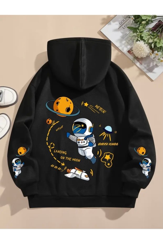 Hooded Nasa Da Astronaut Back Printed 100% Cotton Large Size Pocketless Men's Sweatshirt