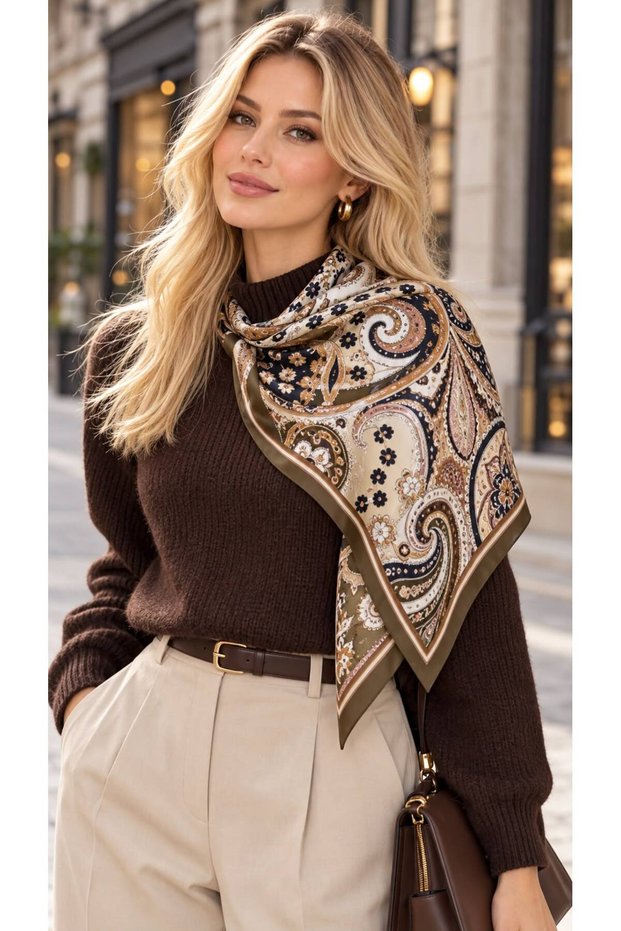 Flr27-38 Khaki Patterned Women's Scarf 65X65 cm