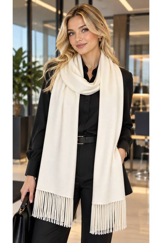Ecru Satin Tasseled Women's Shawl 170X16 cm