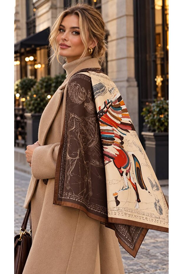 Flr27-68 Brown Patterned Women's Scarf 90X90 cm