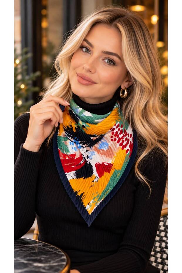 Flr27-14 Navy Blue Pleated Women's Scarf 50X50 cm