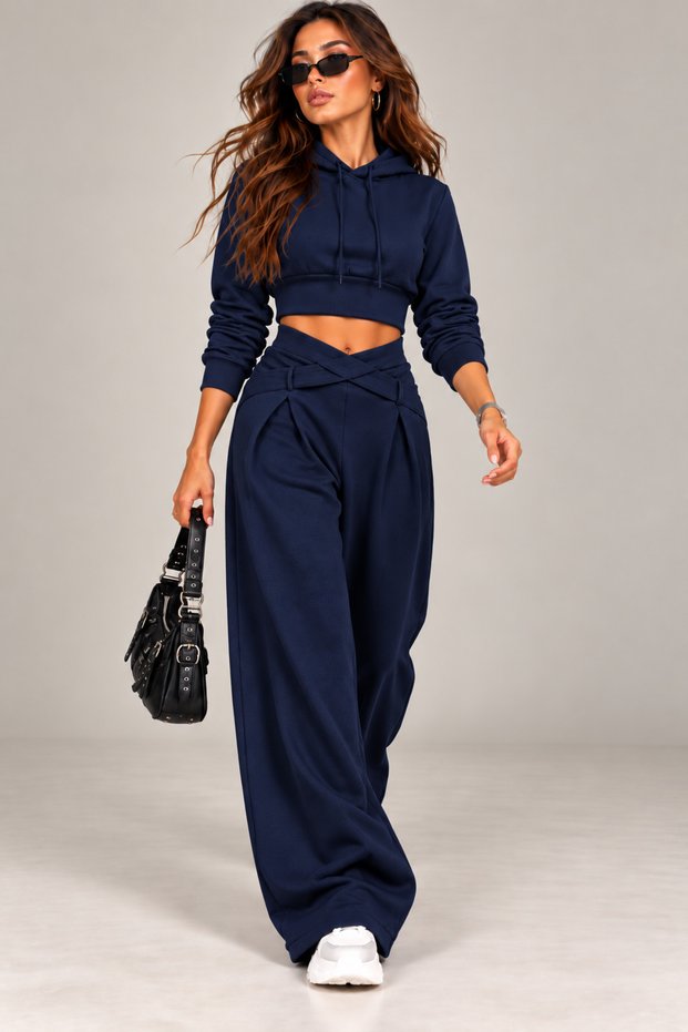 Fashionable Women's Oysho Fabric Hooded Crop Top & Wide Leg Pants Two-Piece Set