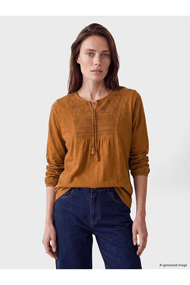 Özmarka New Season Brown Tie-Neck Embroidered Blouse