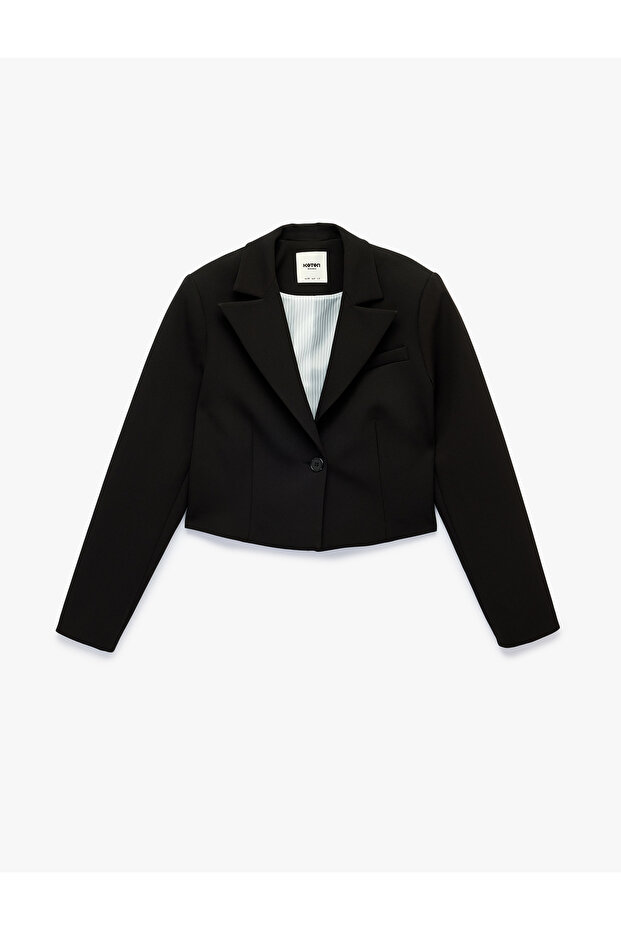 Buttoned Wide Collar Long Sleeve Crop Blazer Jacket
