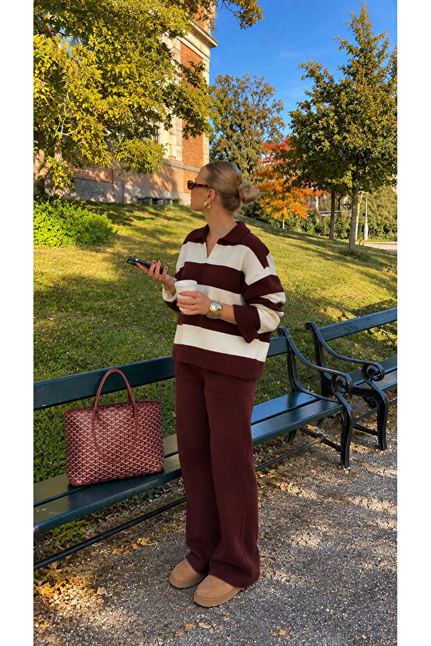 Rome Women's Burgundy Polo Collar Striped Knitwear Top and Bottom Set