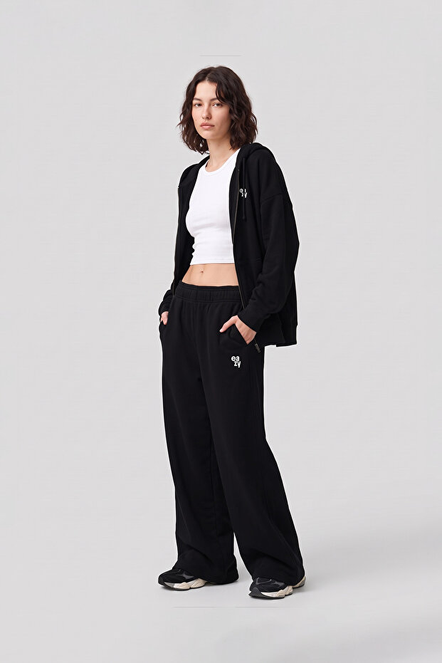 Women's Black Cotton Tracksuit Set Oversize Zippered Hooded Sweatshirt Loose Wide Leg Pants