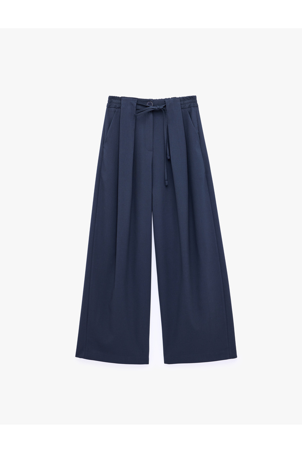 Wide Leg Pleated Trousers with Pockets and Elastic Waistband