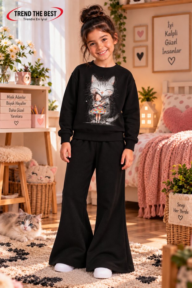 Winter, Spring, and Autumn Girls' Black Spanish Flared Bottoms and Black Sweat Top