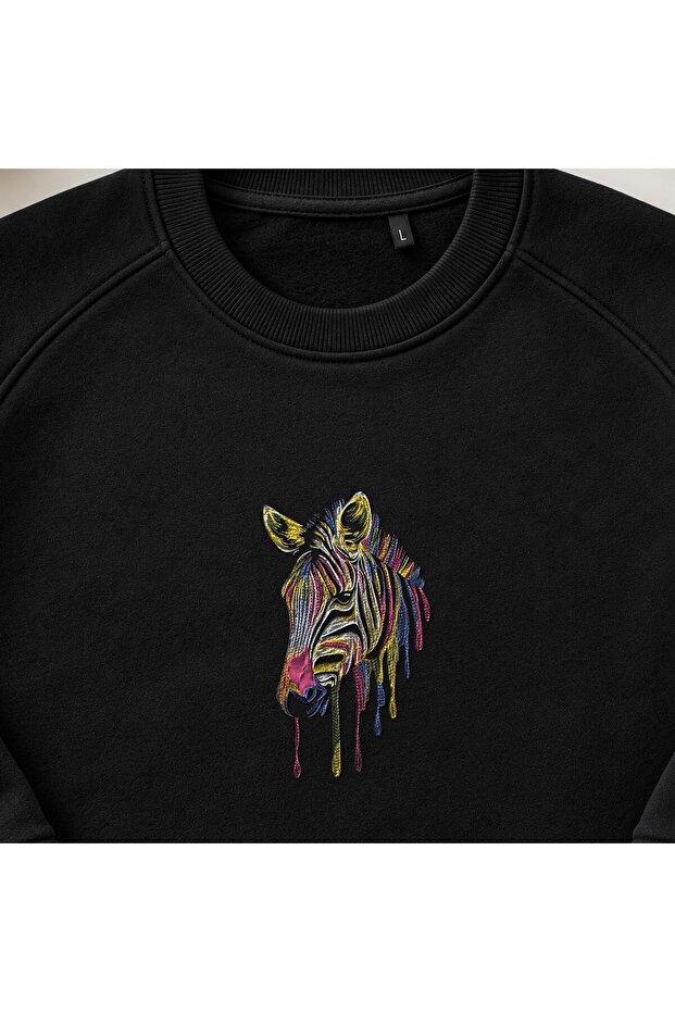 Melting Colorful Zebra Embroidered Crew Neck Sweatshirt Unisex