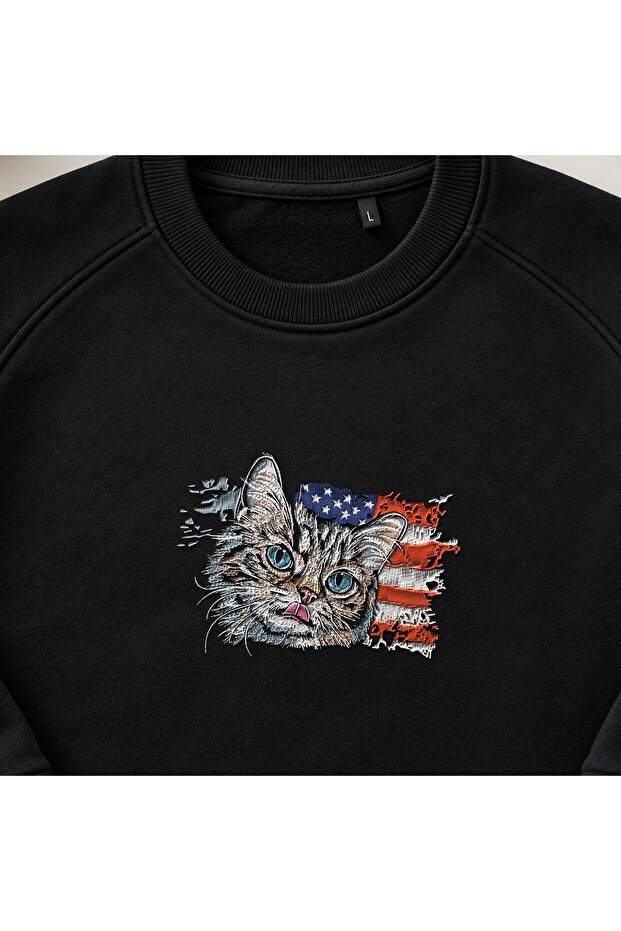 American Flag Cat Head Embroidered Crew Neck Sweatshirt Unisex