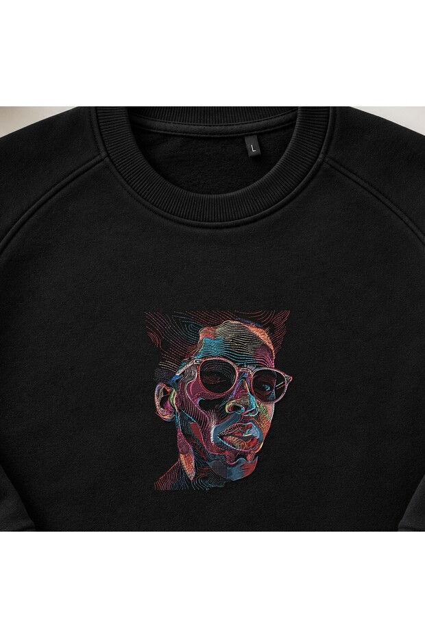 Colorful Abstract Line Portrait Embroidered Crew Neck Sweatshirt Unisex