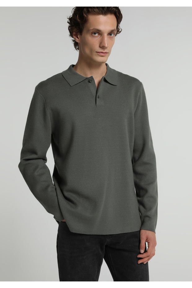 Regular Fit Polo Neck Jacquard Men's Green Sweater