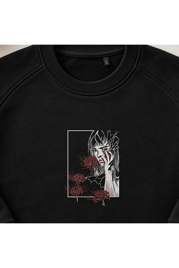 Spider Lily Gothic Girl Embroidered Crew Neck Sweatshirt Unisex