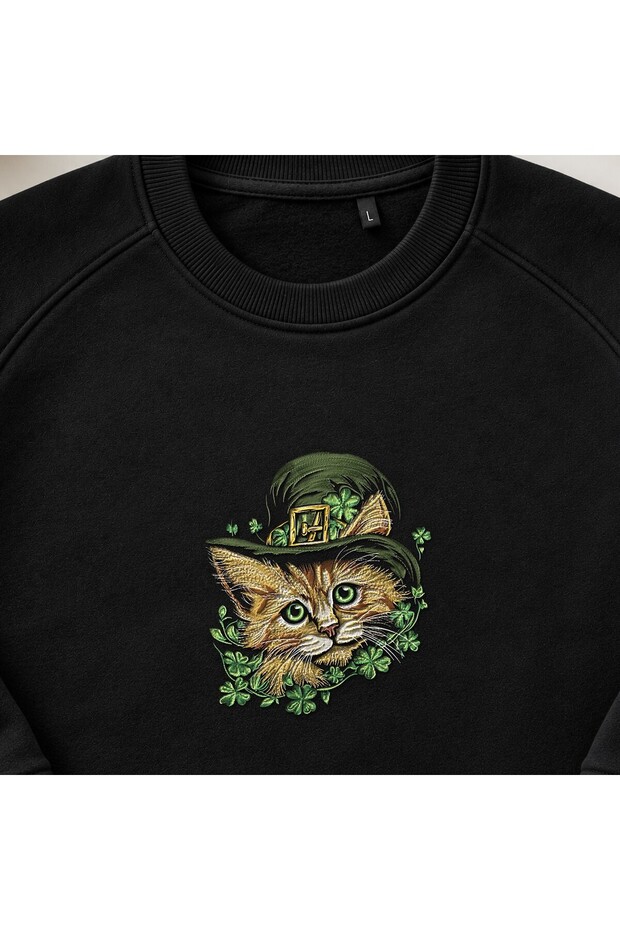 St. Patrick's Day Tabby Cat Embroidered Crew Neck Sweatshirt Unisex