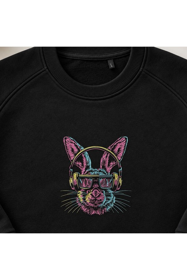 Dj Rabbit Embroidered Crew Neck Sweatshirt with Headphones Unisex