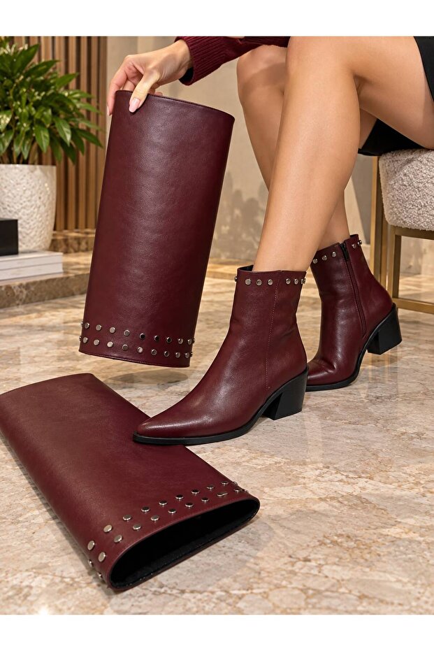 Women's Burgundy Matte Leather Boots with Detachable Accessories, Side Zipper, Studded Pointed Toe Boots