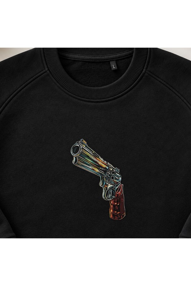 Neon Colored Pistol Revolver Embroidered Crew Neck Sweatshirt Unisex