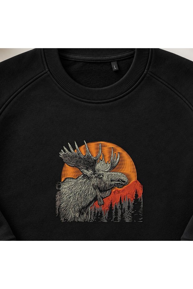 Wild Nature Deer Moose Embroidered Crew Neck Sweatshirt Unisex