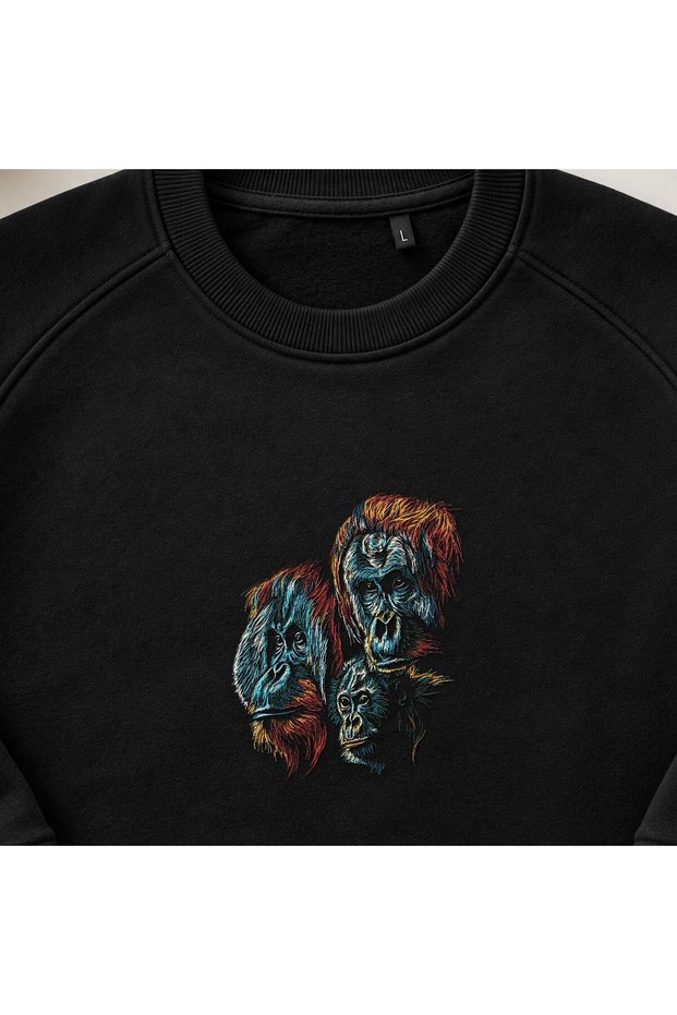 Orangutan and Chimpanzee Triple Embroidered Crew Neck Sweatshirt Unisex