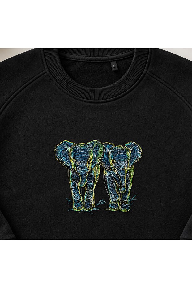 Sparkling Twin Elephants Embroidered Crew Neck Sweatshirt Unisex